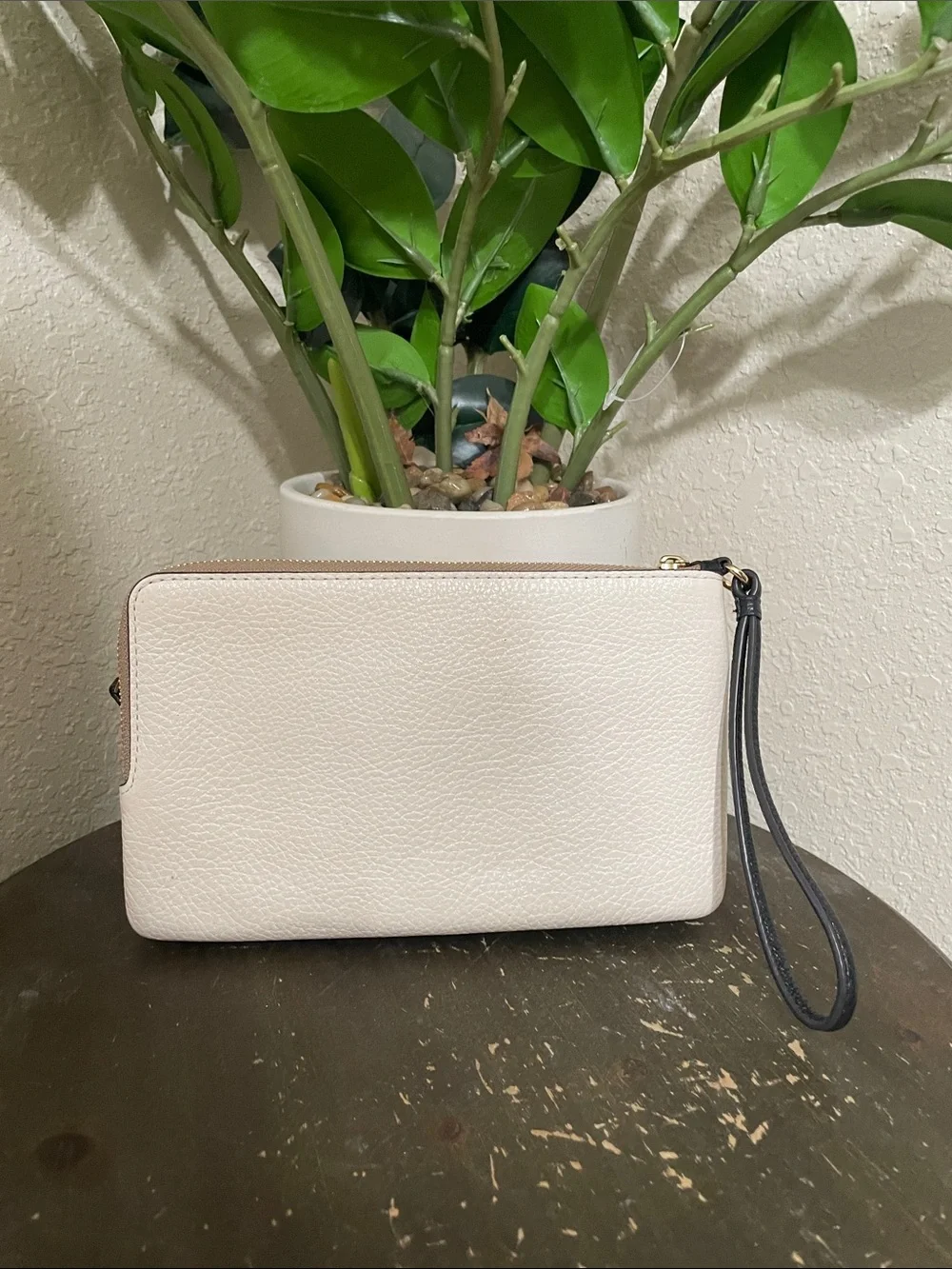 Coach Pebbled Leather Wristlet Clutch - White and Taupe Trim